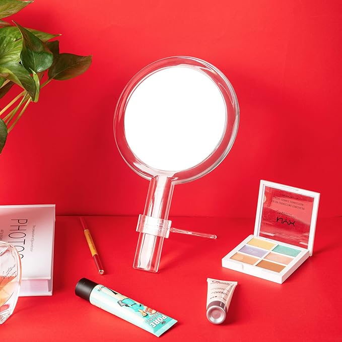 Queekay Double-Sided Handheld Mirror with Stand, 1X/10X Magnifying Mirror, Clear Adjustable, Round Shape, 25.8 x 15 cm