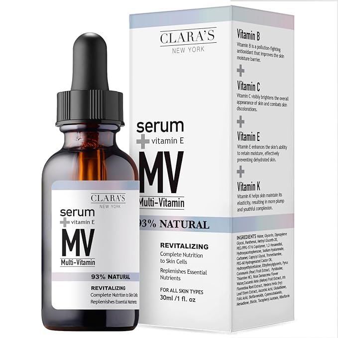 CLARA'S NEW YORK Multi Vitamin Facial Serum with Vitamins B, C, E, K β Antioxidant Hydrating, Redness Calming, Sebum Control β Lightweight, Non-Greasy, 30ml / 1 fl oz, Made in USA