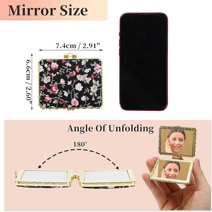 VOCOSTE Compact Mirror for Purses, Flower Pocket Square Mini, Floral Small for Purse, Vintage Folding Travel Portable for Women, Black