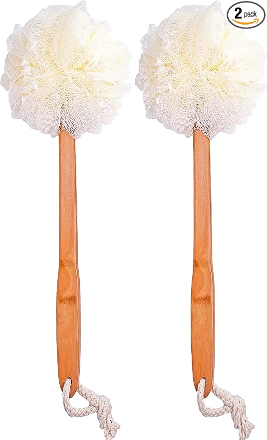 Shower Loofah Body & Back Scrubber - Exfoliating Loofah luffa Bath Brush On a Stick - with Long Wooden Handle Back Brush for Men & Women - Easy Reach Body Wash & Lotion ApplicatorοΌ 2 Pack- WhiteοΌ