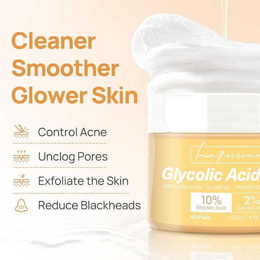 Glycolic Acid Pads, 10% AHA & 2% BHA, Exfoliating Peel Pads for Face Body, Dual Action Gentle Face Pad for Deep Cleaning Unclog Pores Daily Skin Renewal for All Skin Types with Vitamin B3&B5 60 Count