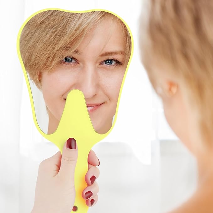 Annhua Hand Mirrors with Handle Tooth-Shape Dental Mirror Tool Face Mirror Yellow, Hand Held Travel Mirror Small and Cute, Used for Oral Clinic, Salon, Barber and Hairdressing