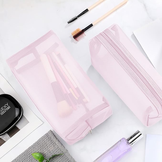 6 Pieces Mesh Makeup Bags Mesh Cosmetic Bag Portable Travel Organizing Zipper Pouch Toiletries Makeup Pouches for Home Office Travel Accessories (Light Pink)