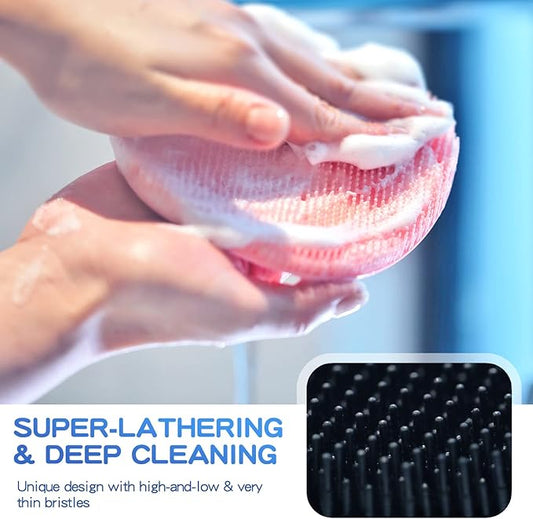Manmihealth Soft Silicone Shower Brush, Super-Lathering and Deep-Cleaning Body & Face Scrubber, Gentle Exfoliating Bath Glove for All Skin Types, with 2 Free Hooks.(Black + Pink)