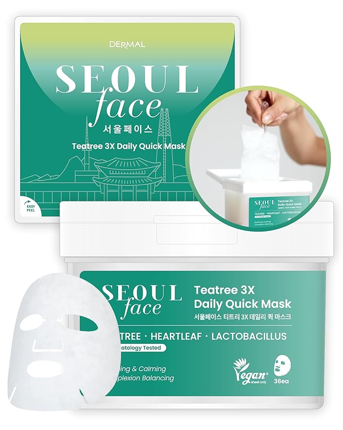 DERMAL Seoul Face Teatree 3X Daily Quick Mask 36 Sheet β Korean Skincare Vegan Tencel Facial Masks - Calming, Soothing, Blemish Control Face Mask Sheets with Heartleaf Extract, Lactobacillus