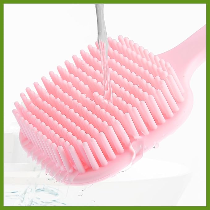 Soft Silicone Bath Brush, Non-Slip Back Scrubber Shower with Long Handle for Men and Women, Pink Beauty