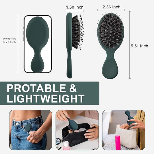 Mini Boar Bristles Hair Bursh, Travel Size Hair Brush for Women Men Kids, Protable Small Hair Brush for Pockets Purses, Mini Detangler Brush for Smooth Add Shine (1 Pack-Green)
