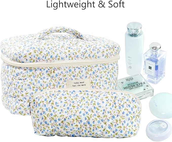 3PCS Makeup Bag Large Cosmetic Pouch Bag with Handle Cute Floral Small Makeup Bag for Purse, Quilted Cotton Skincare Storage Bag Travel Makeup Bag Set for Women, Bridesmaids, Gifts, Fresh Blue