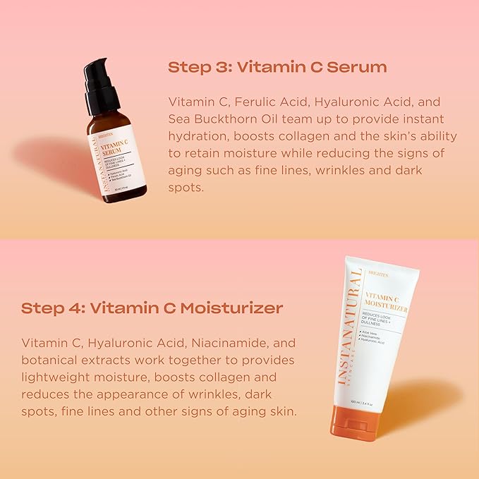 InstaNatural Vitamin C Four Step Skin Care Set with Face Wash, Toner, Serum & Moisturizer | All Natural Brightening & Hydrating Routine with Botanical Extracts β 1.68 Fl Oz (Pack of 4)