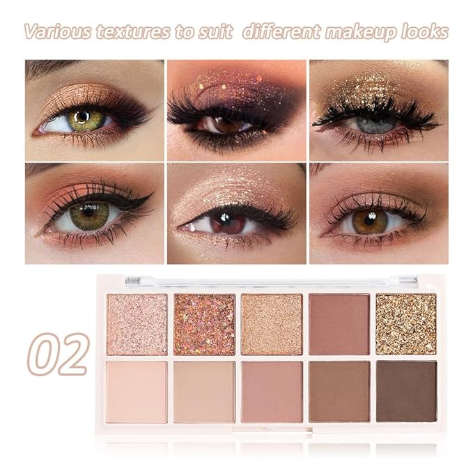 10 Colors Eyeshadow Palette,Matte&Glitter&Shimmer Eyeshadow Makeup,Naturing-Looking,High Pigment Waterproof Eye Shadow Palette Makeup, 100% Cruelty-free (09#Shimmer Brown)