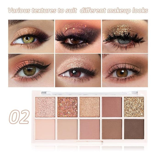 10 Colors Eyeshadow Palette,Matte&Glitter&Shimmer Eyeshadow Makeup,Naturing-Looking,High Pigment Waterproof Eye Shadow Palette Makeup, 100% Cruelty-free (09#Shimmer Brown)
