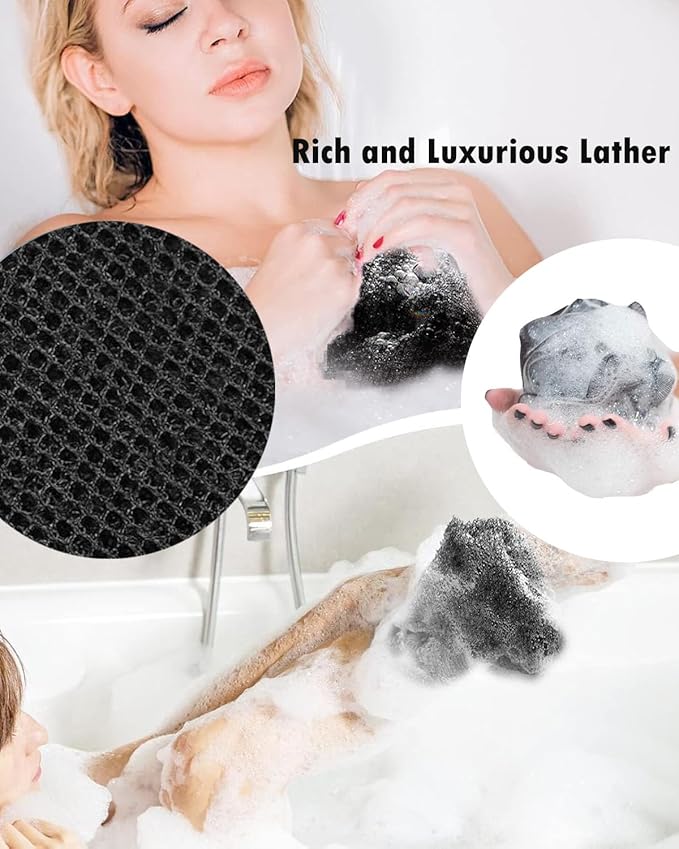 4 Pieces African Exfoliating Net Sponge, 33 inch Long Bathing Sponge Shower Body Scrubber Net for Back Skin Smoother, Daily Use (Black/Blue/Brown/Beige)