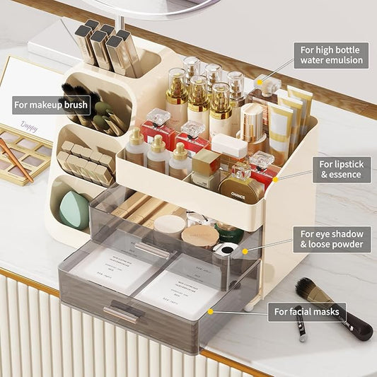 Makeup Organizer with Drawers for Vanity, Make Up Storage Kit, Spacious Cosmetic Display Case, Perfect Storage Solution for Beauty Essentials (Cream)
