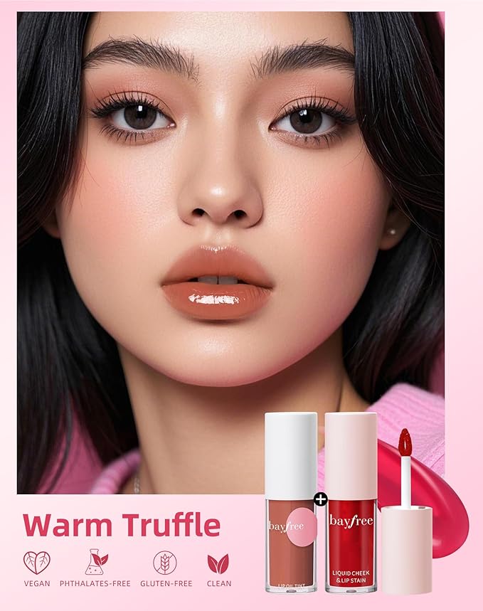 Tinted Lip Oil & Lip Stain Set, Korean Makeup, Smudge-Proof,Long-Wearing, 2-in-1 Cheek and Lip Tint with Moisturizing, High-Shine, Lightweight & Non-Sticky for Dry Lips, Cruelty-Free & Vegan