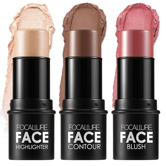 FOCALLURE 3 Pcs Cream Contour Sticks,Shades with Highlighter & Bronzer & Blush,Non-greasy Long-wear Face Contouring Pen,Easy to Sculpt the Face and Create a Lightweight Finishing Makeup,TAN