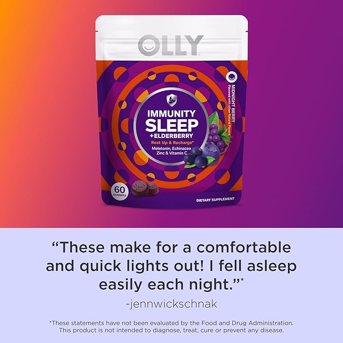 OLLY Immunity Sleep Gummy, Immune and Sleep Support, 3mg Melatonin, Echinacea, Zinc, Vitamin C, Chewable Supplement, Berry - 60 Count