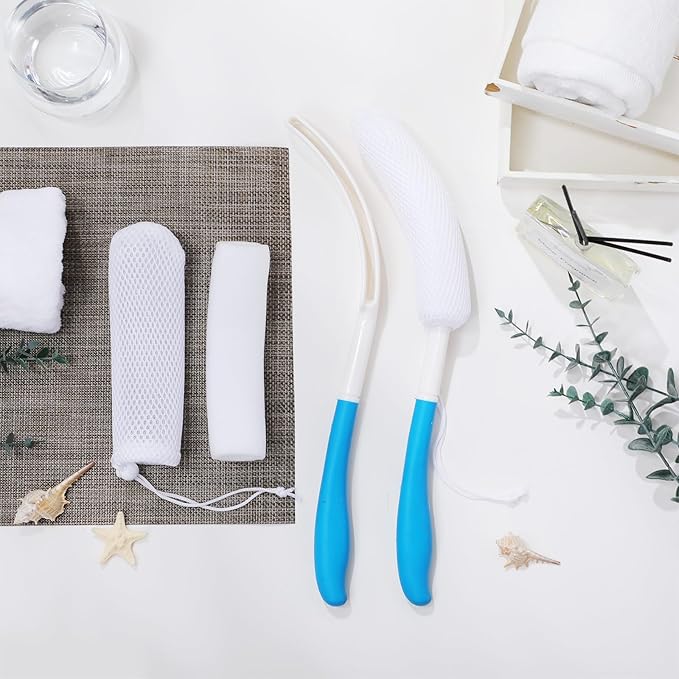 Sunnyray 2 Pack 15.35 Inch Long Anti-Slip Curve Handled Bath Body Brush, Body Back Bath Brush with Sponge Soft Blue Rubbing Back Shower Brush for Elderly Aid Bathing and Shower