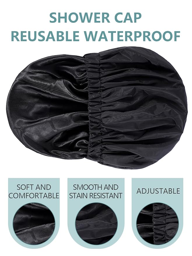 Years calm Reusable Waterproof Shower Caps for Women, Hair Caps for Showers, Double-Layer Elastic Design, for All Hairstyles, Travel-Friendly (black)