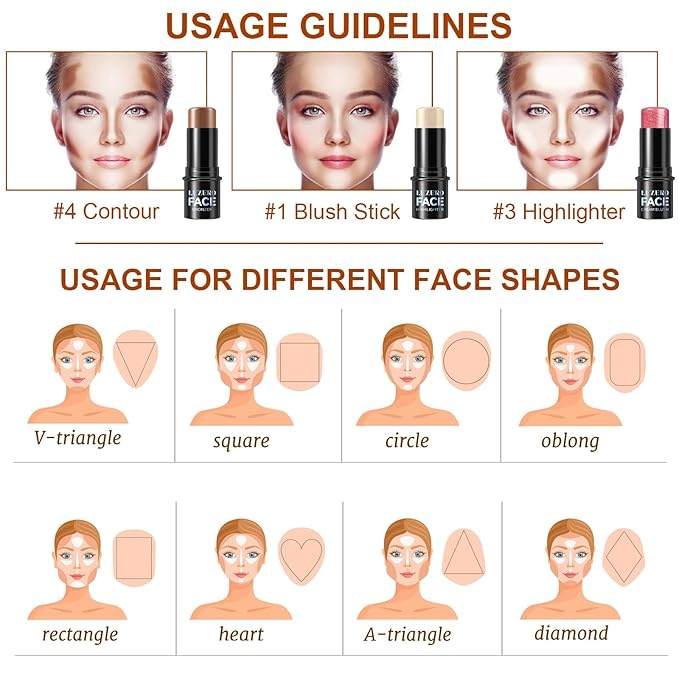 Lezero 3Pcs Contour Stick Makeup Kit, Shades with Highlighter, Blush and Bronzer Trio for Sculpt the Cheeks and Body, Longwear, Waterproof, Matte Finish Series, #2 LIGHT FAIR (16,19,22)