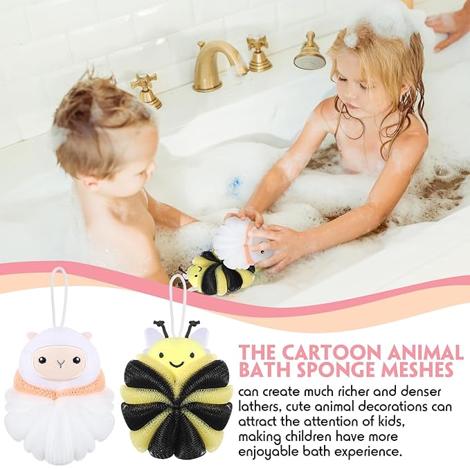 Nuenen 2 Pcs Bath Loofahs Kids Toddler Cute Cartoon Bath Sponges Loofah Pouf Body Scrubber Mesh Sponges for Children Shower Washing Exfoliating (Sheep, Bee)