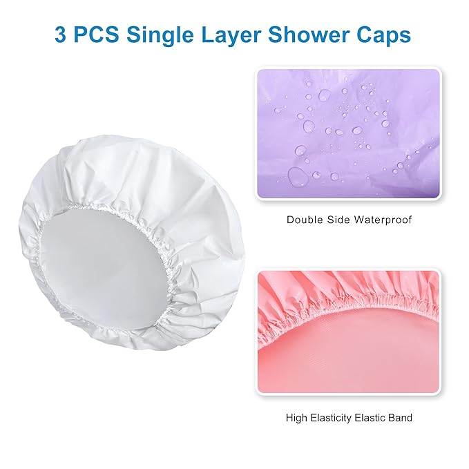 Shower Cap for Women Set of 4, 1 Double-Layer Waterproof Bath Cap + 3 Single-Layer Waterproof Shower Caps β Reusable Hair Protector, TPU Coated Elastic Bathing Cap for Women & Men - Black