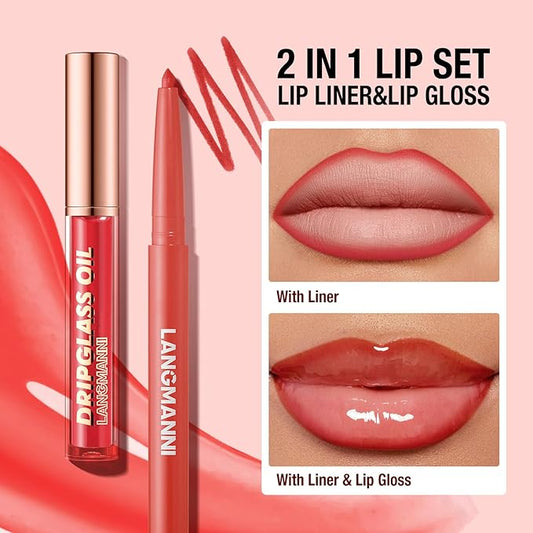 6pcs Hydrating Lip Oils + Lip Liner Pencil Lip Combo Sets, 24H Long-Lasting Lip Kit with Lip Liner and Gloss, Nourishing, Non-Sticky Tinted Stain Lip Gloss Plumping Lip Oil Set for Women(Set B)