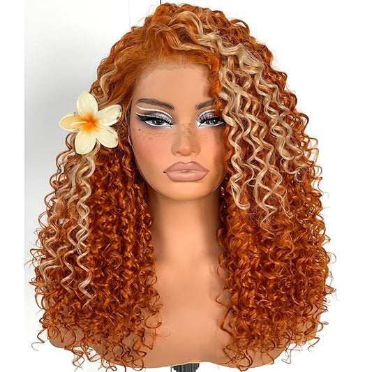 Ginger Curly Wig Skunk Strip HD Lace Front Wig Pre-Plucked Wear And Go Glueless Afro Wig Synthetic Orange Kinky Curly Layered Wig