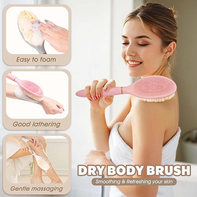 New Back Scrubber Anti-Slip for Shower, 18.9‘’ Corn-Handle Shower Back Scrubber with Dual-Side Head & Soft Bristles, Adjustable Shower Brush Bath Brush for Lathering Cleansing(White-L)