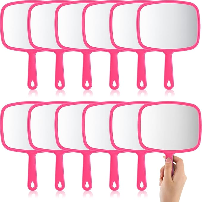 Geetery 12 Pcs Hand Mirror Handheld Makeup Mirrors with Handle Wall Mount for Cosmetic Bathroom Home Barber Salon Travel Portable Beauty School Gift for Women Student 6.69 x 9.45 Inch(Rose Red)