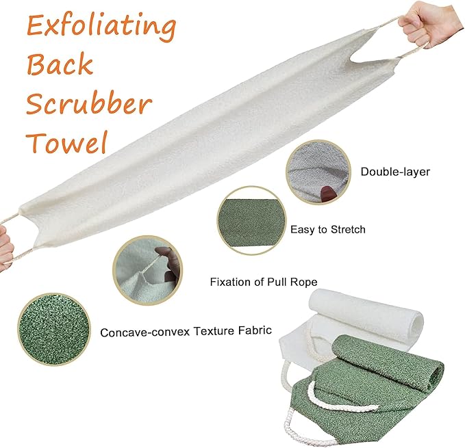 Scrubber Back for Shower Extended Length Scrubber Towel Exfoliating Washcloth Body Scrub Sponge Shower Loofah with Handle for Women Men Deep Clean Body Skin Massages (White&green2)