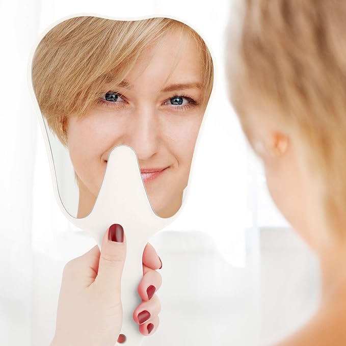 Annhua Handheld Mirrors with Handle Small Face Mirror, Tooth Shaped Hand Mirror Makeup, Used for Dentist Office, Clinic, Bathroom, Barber and Salon - White