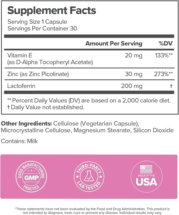 O Positiv FLO Acne Capsules β Reduce Number and Severity of Pimples, Whiteheads, Blackheads, and Pustules on Face, Back, and Body β Colostrum-Derived Lactoferrin, Zinc and Vitamin E β 30 Servings