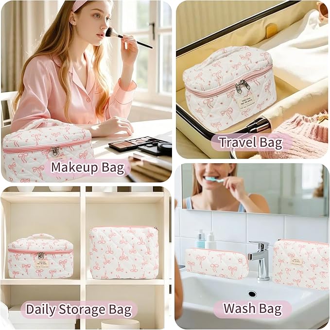 3Pcs Cotton Quilted Makeup Bag Set,Large Floral Cosmetic Bag,Aesthetic Toiletry Travel Makeup Bag Set and Cute Flower Bag for Women Girls (Flower Bow)