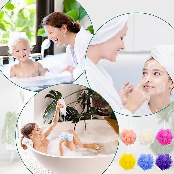 50 Pieces Bath Sponge Shower Loofahs Bulk Bath Luffas Exfoliating Body Scrubber Pack Colorful Mesh Balls Travel Cleaning Wash Puff Bathing Accessories for Kids Women Men Body Wash, 6 Colors