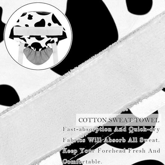2 PCS Bouffant Cap with Button Ponytail Pouch Working Cap Sweatband Adjustable Surgical Cap Black and White Cow