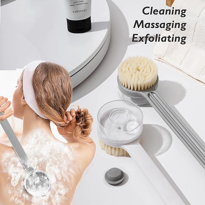 Bath Body Brush with Built-in Soap Dispenser - Exfoliating and Cleansing Shower Brush, 15 inch Long Handle Back Scrubber, Versatile Silicone Exfoliating Tool (Grey)