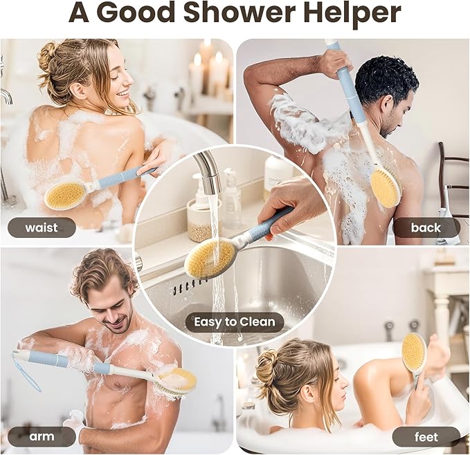 New Upgrade Back Scrubber for Shower, Adjustable 15.7'' to 24'' Long Handle Shower Brush for Body Yintuzi Double Sided Back Shower Scrubber Exfoliation and Massage Suitable for Wet or Dry Brushing