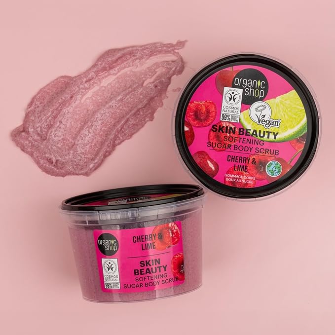 Cherry & Lime, Sugar Softening & Exfoliating Body Scrub, 100% Vegan & Organic, Daily Exfoliant, Detox & Moisturizer, Body, Face, Hand & Foot, Intensive Care & Skin Toning. 250ml.