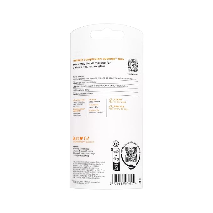 Real Techniques Miracle Complexion Sponge, Beauty Sponge For Makeup Blending & Foundation Application, Full Coverage, Streak-Free Professional Makeup Tool, Cruelty Free, Vegan, Latex Free, 2 Count