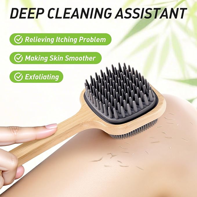 Back Brush for Shower, 16.92'' Dual-Sided Silicone Bristles Shower Scrubber for Body, Thickening Bamboo Handle, Wall Mounted, Wet or Dry Use for Bath, Massage, Itch Relief, Personal Care Gift