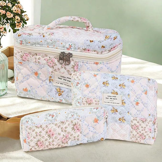 3 Pcs Quilted Makeup Bag Set,Coquette Cotton Make up Bag,Cute Floral Makeup Bags Large Toiletry Cosmetic Bag Organizer for Women Girls (J-3PCS)