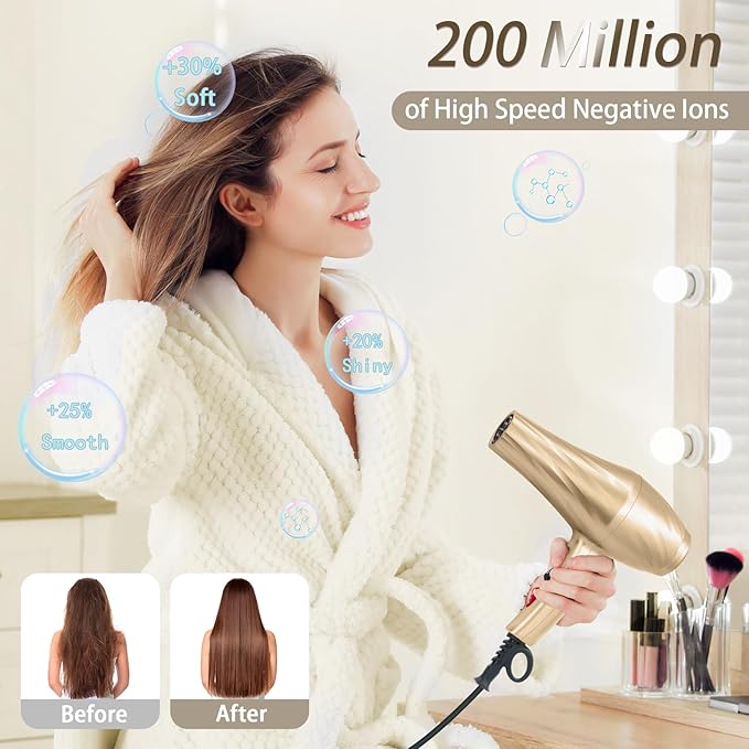 Ionic Hair Dryer,2400W Negative Ion Low Noise Hair Dryer Professional Fast Drying Hair Dryer with 2 Speeds, 3 Heat Settings, Cooling Button,with Diffuser for Curly and Straight Hair(Champagne Gold)