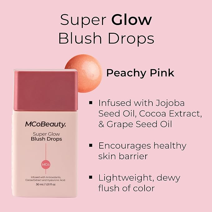 MCoBeauty Super Glow Blush Drops, Peach Pink, Luminous Flush for Radiant Cheeks, Vegan, Cruelty Free Cosmetics