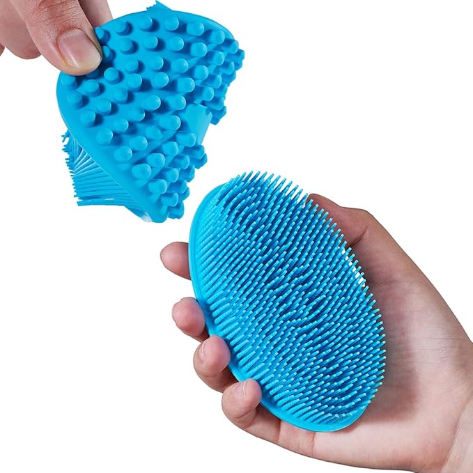 Exfoliating Silicone Body Scrubber 2 in 1 Silicone Shower Brush Natural Bristle Massager Bath Sponge Gentle Scrub Skin Exfoliation For Face and Body Massage Nubs Improve Blood Circulation Set of 2