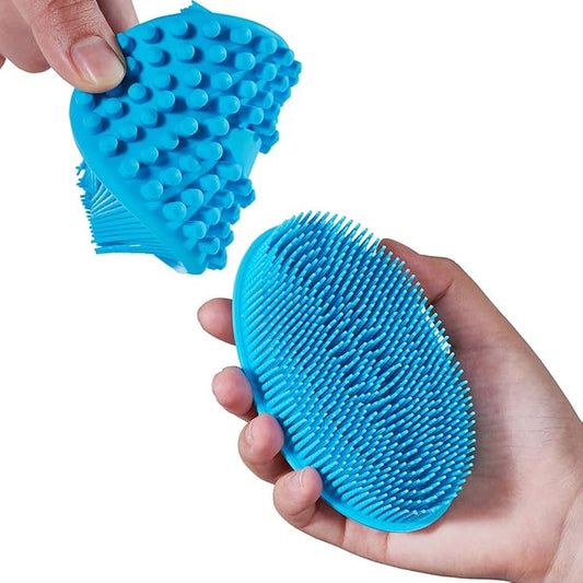 Exfoliating Silicone Body Scrubber 2 in 1 Silicone Shower Brush Natural Bristle Massager Bath Sponge Gentle Scrub Skin Exfoliation For Face and Body Massage Nubs Improve Blood Circulation Set of 2