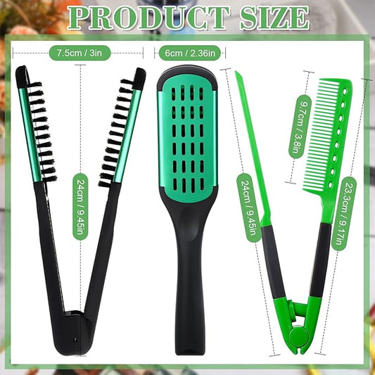 Chengu 2 Pcs Boar Bristles Double-Sided Brush and Flat Iron Comb for Hair Straightening, Styling, and Detangling Knotty Hair (Black, Green)