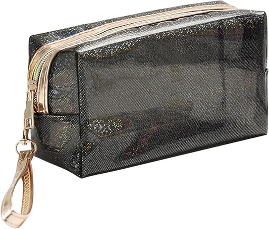 Clear Colorful Makeup Bag, Thick PVC Small Clear Toiletry Bag for Travel, Waterproof Cosmetic Bag with Durable Zipper & Detachable Strap, Cute Transparent Pouch Organizer for Women, 7.1×4×3 In Black