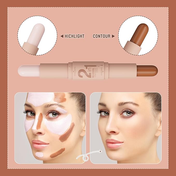 Dual-Ended Cream Contour Stick - Long-Lasting, Waterproof, Face Contour Makeup for All Skin Tones Highlighter Stick Easy to Blend, Achieve a Flawless Look (#01 Light Beige+Light Brown, A)