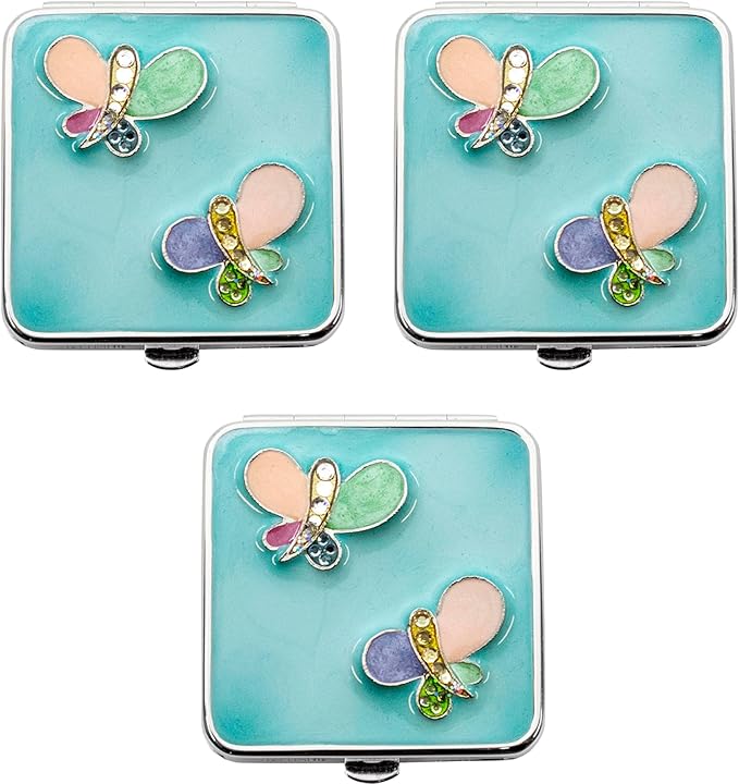 Stephanie Imports Set of 3 Double Sided Magnifying Compact Slim Mirrors (Sky Blue & Rhinestone Butterfly, Square)