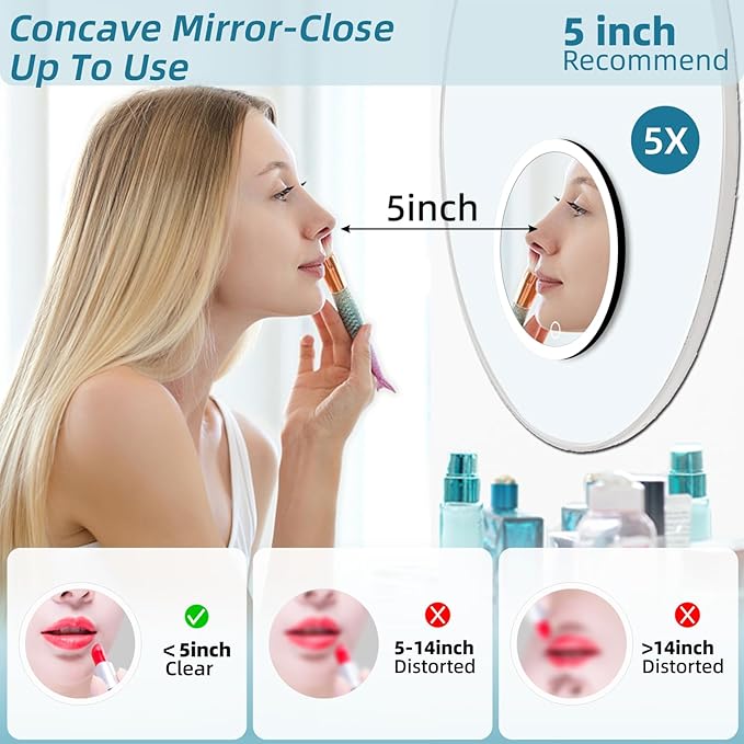 5X Magnifying Mirror with Lights, 5X Magnified Mirror with 3 Color Lights Adjustable Brightness, Rechargeable 6inch Travel Magnification with 3 Suction Cups - Includes Tweezers & Scissors